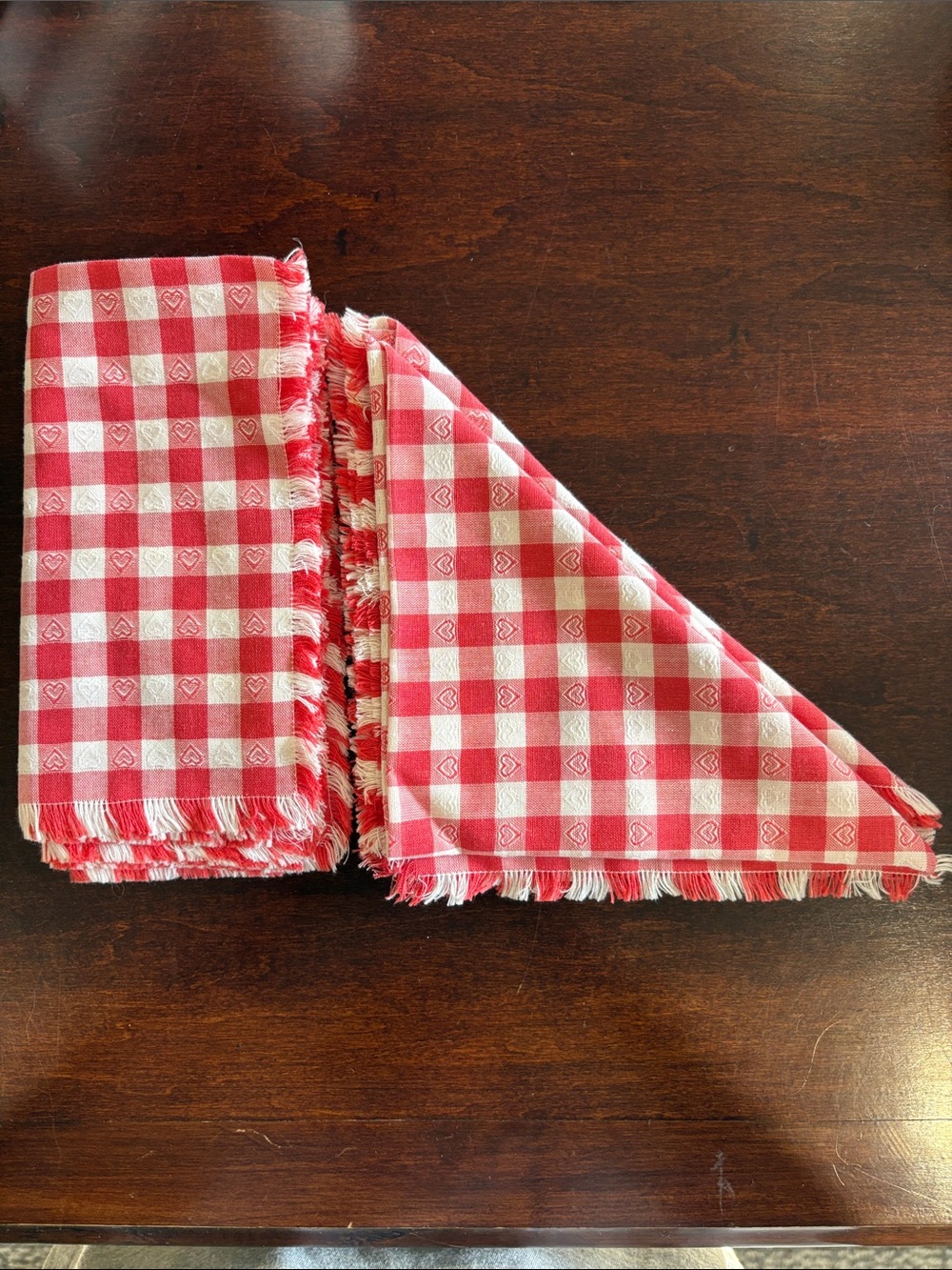 6 Vintage Red Gingham Fringed Napkins 15.25” x 15.25”